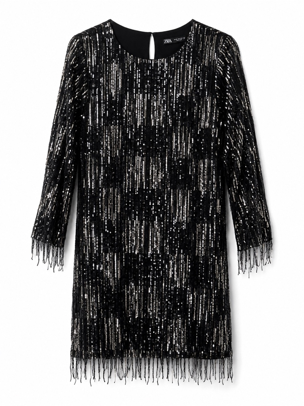 Zara Black Silver Sequin Fringe Long Sleeve Dress